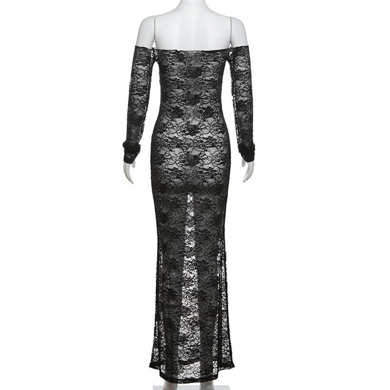 Long sleeve lace off shoulder see through solid maxi dress