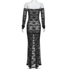 Long sleeve lace off shoulder see through solid maxi dress