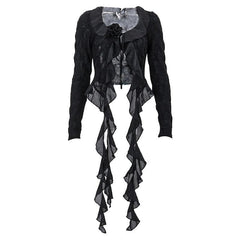 Textured long sleeve ruffle self tie solid crop top