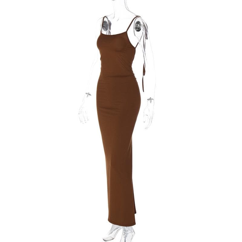 Self tie backless ruched square neck solid maxi dress
