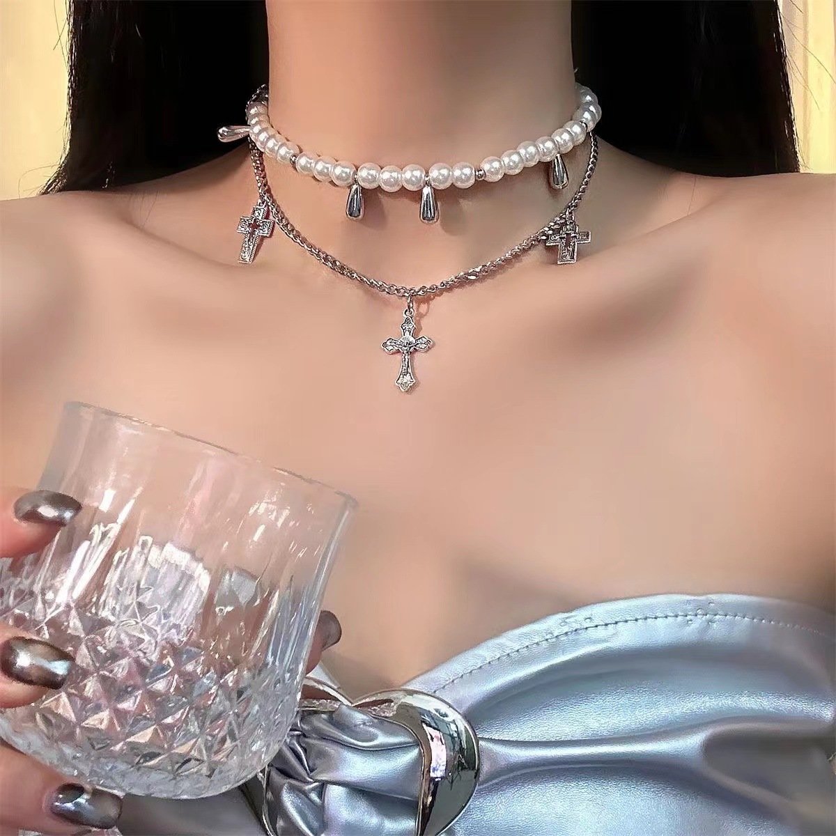 Faux pearl cross rose 3 pcs necklace