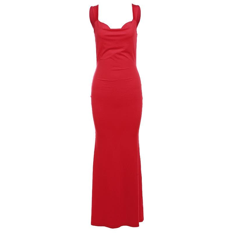 Cowl neck bowknot backless solid cami maxi dress  | red tango dress