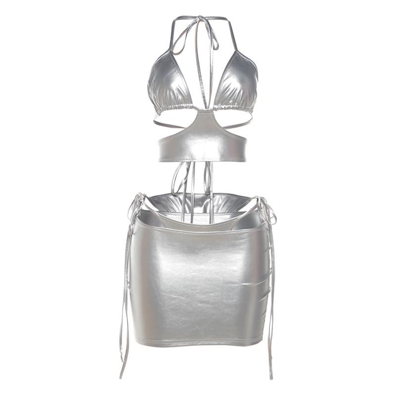 Halter PU leather metallic hollow out 3 piece mini skirt set