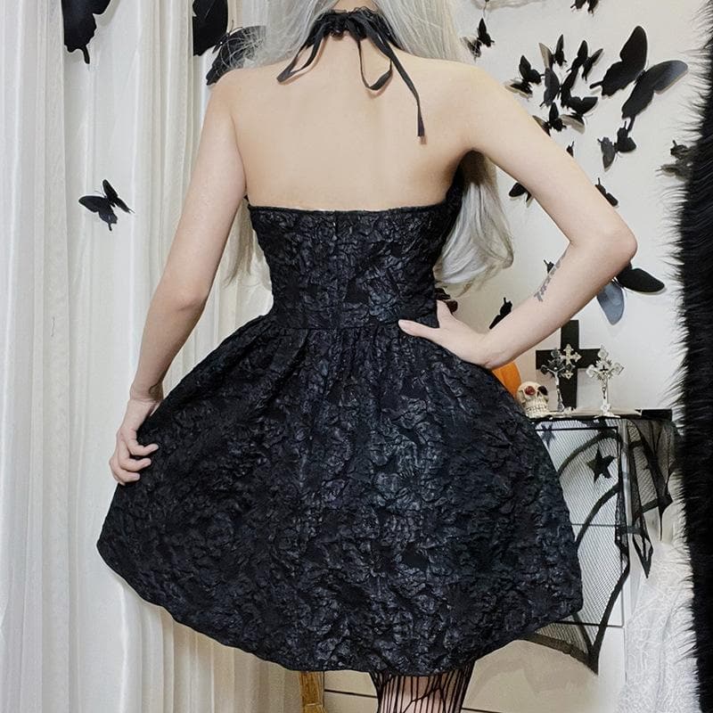 Textured cross applique ruffle halter zip-up lace up mini dress  | black rave dress