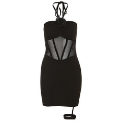 Flower applique halter mesh patchwork backless mini dress
