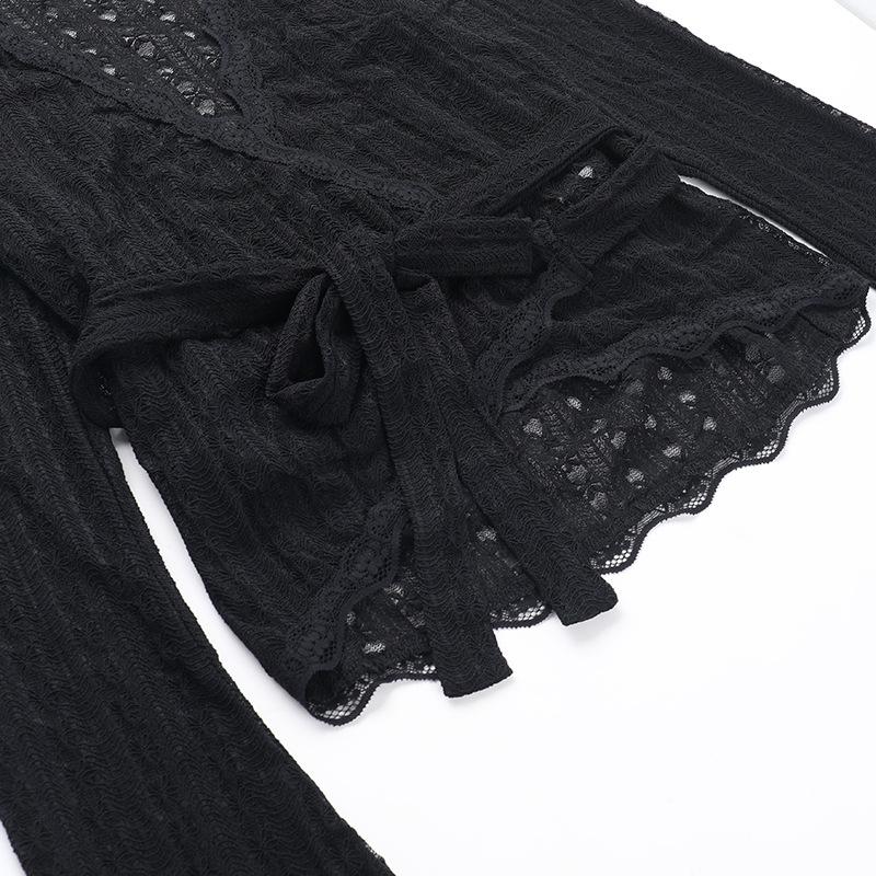 Long flared sleeve v neck lace hem knotted top