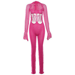 Long sleeve shrug halter knitted hollow out jumpsuit