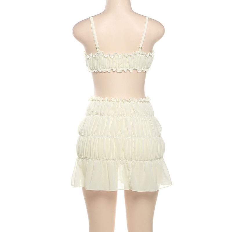 Ruffle ruched solid cami mini skirt set