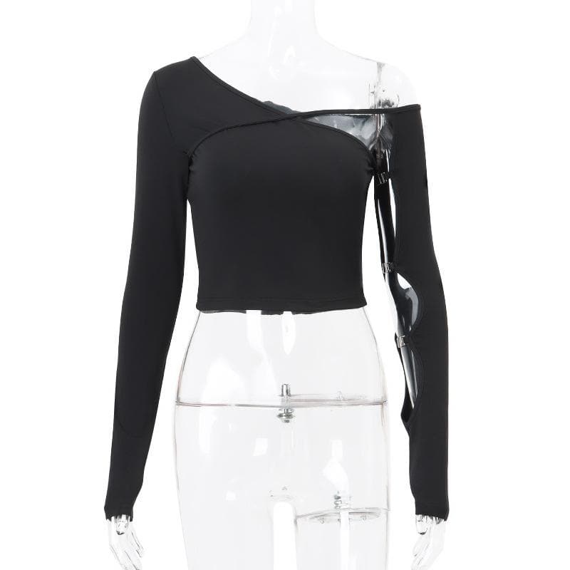 Long sleeve one shoulder button hollow out  irregular solid cut out top