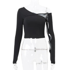 Long sleeve one shoulder button hollow out  irregular solid cut out top
