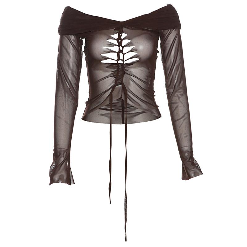 Long sleeve off shoulder lace up hollow out sheer mesh top