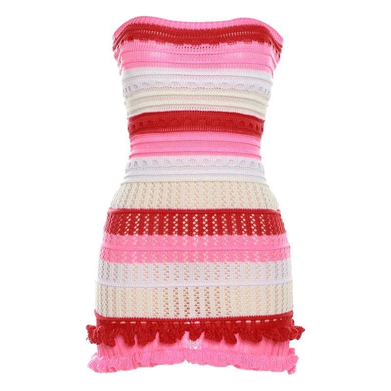 Backless ruffle contrast striped crochet tube dress  | red tango dress