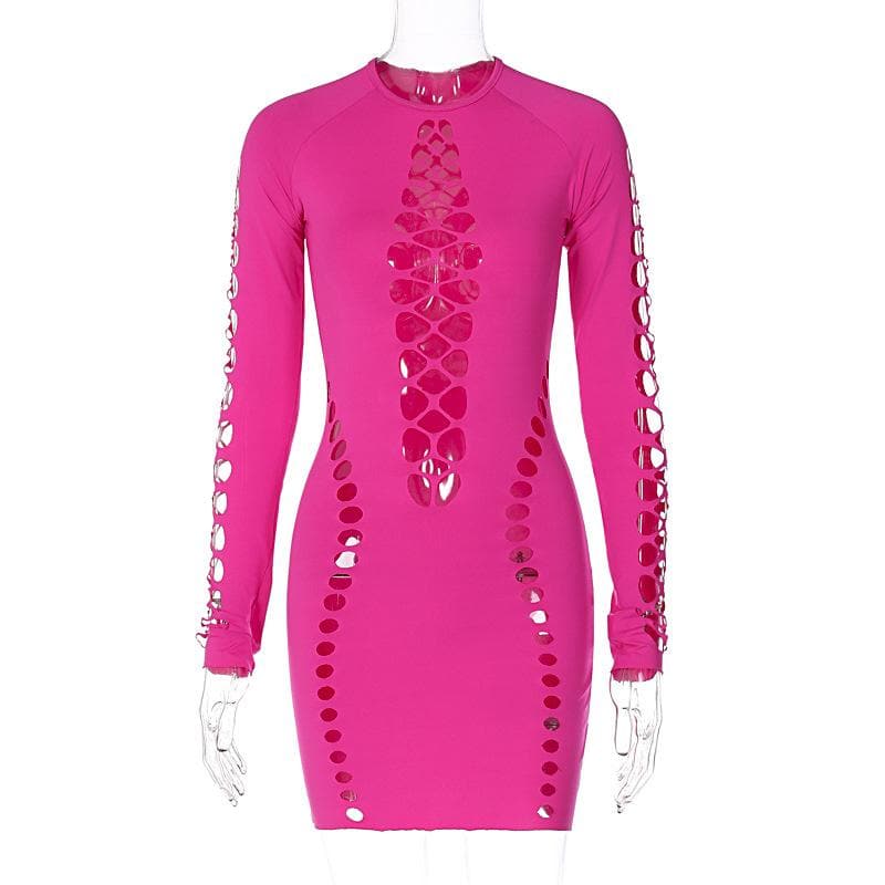 Hollow out long sleeve solid crewneck mini dress  | red tango dress