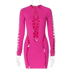 Hollow out long sleeve solid crewneck mini dress  | red tango dress
