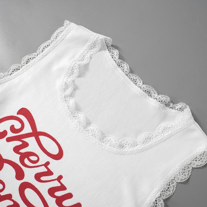 Lace hem fruit letter print u neck tank top