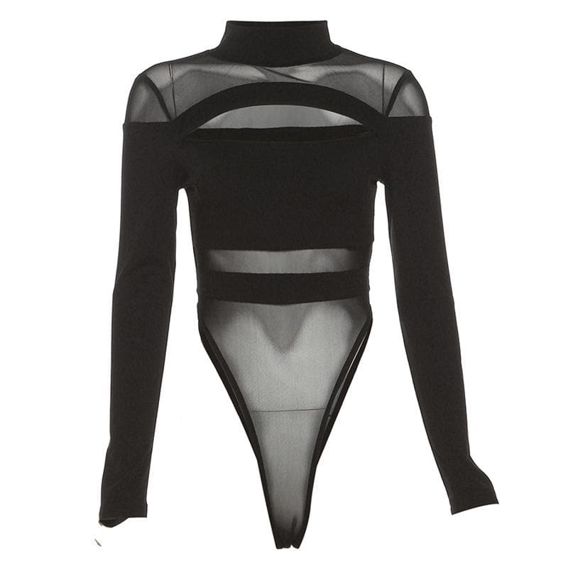Mesh patchwork hollow out long sleeve high neck bodysuit