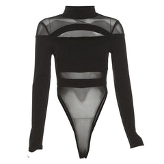 Mesh patchwork hollow out long sleeve high neck bodysuit