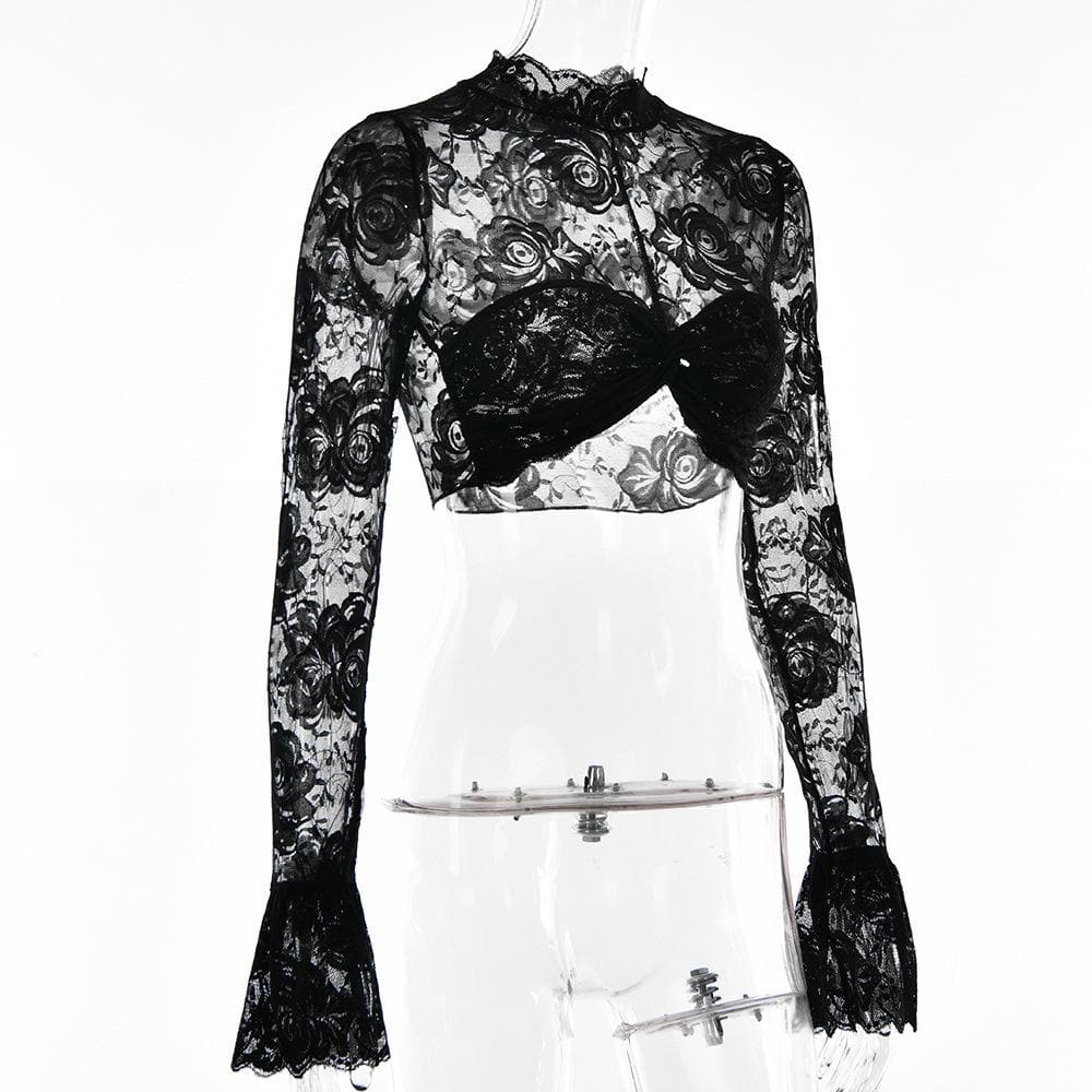 Sheer mesh see through solid flared sleeve ruched crop top