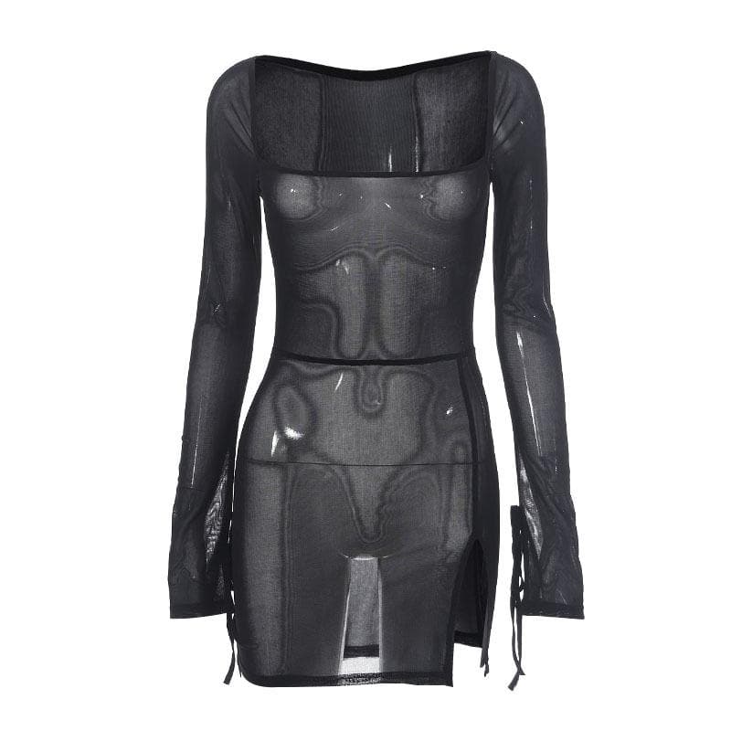 Sheer mesh see through square neck slit long sleeve mini dress  | samba dress