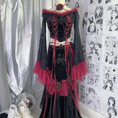 Long flared sleeve embroidery mesh flower applique maxi skirt set