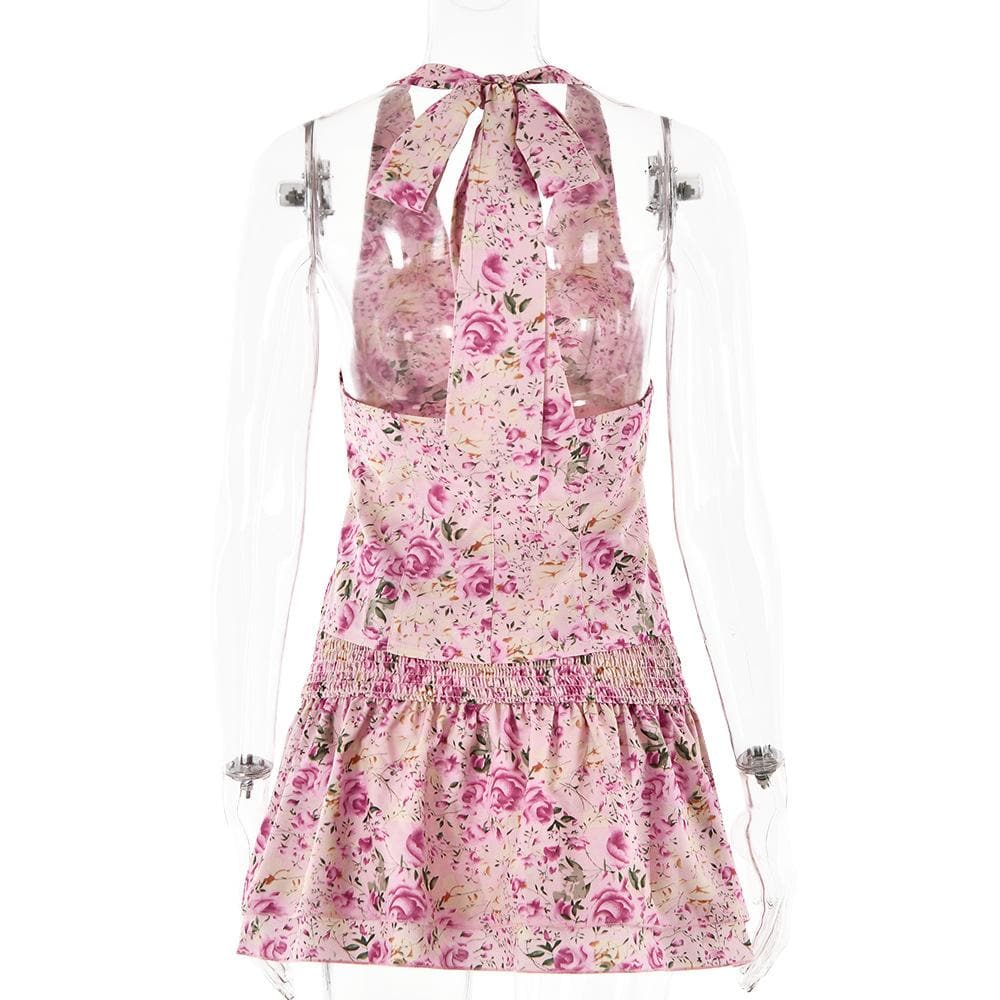 Halter smocked button flower print mini skirt set