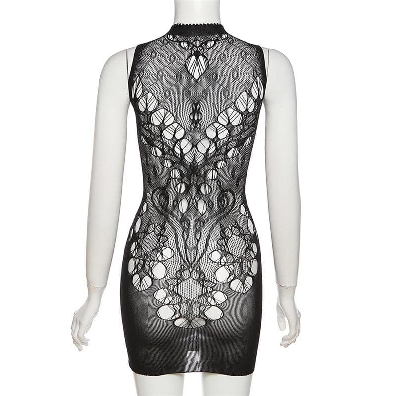 High neck hollow out fishnet solid cut out mini dress