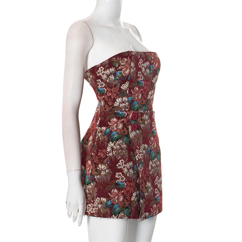 Flower print zip-up button tube mini dress
