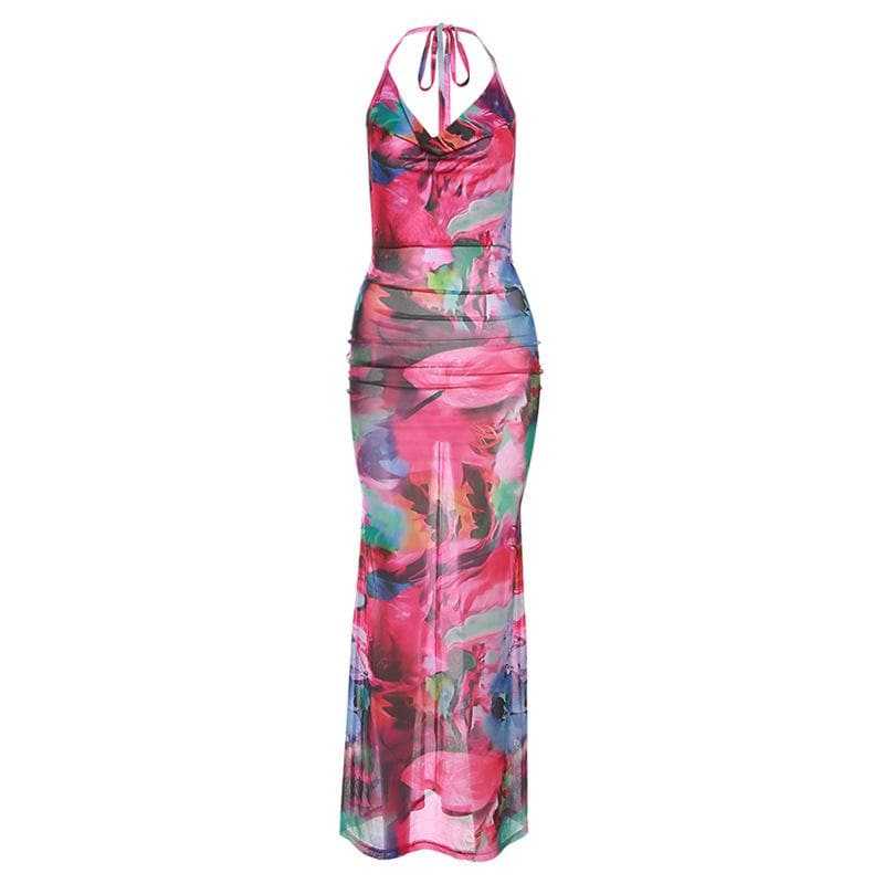 Ruched halter sheer mesh see through backless cowl neck contrast maxi dress  | samba dress
