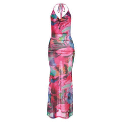 Ruched halter sheer mesh see through backless cowl neck contrast maxi dress  | samba dress