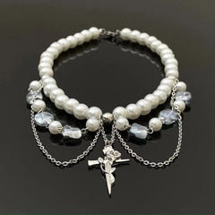 Rose cross pendant faux pearl choker necklace