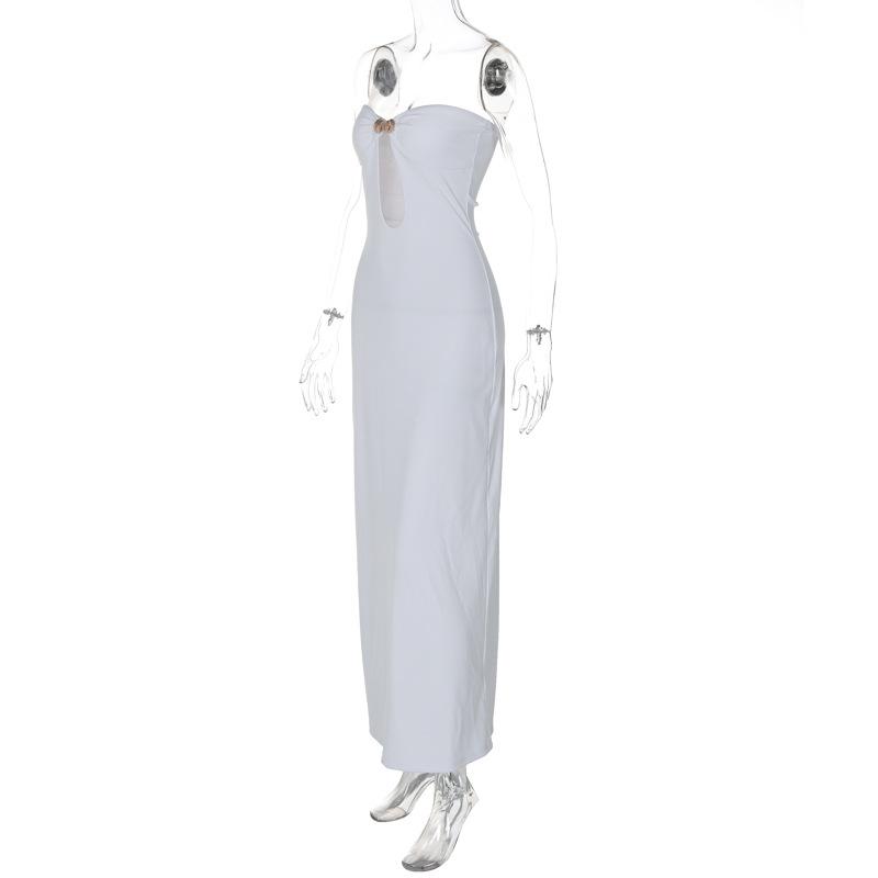 Sweetheart neck shell metal tag button hollow out tube maxi dress