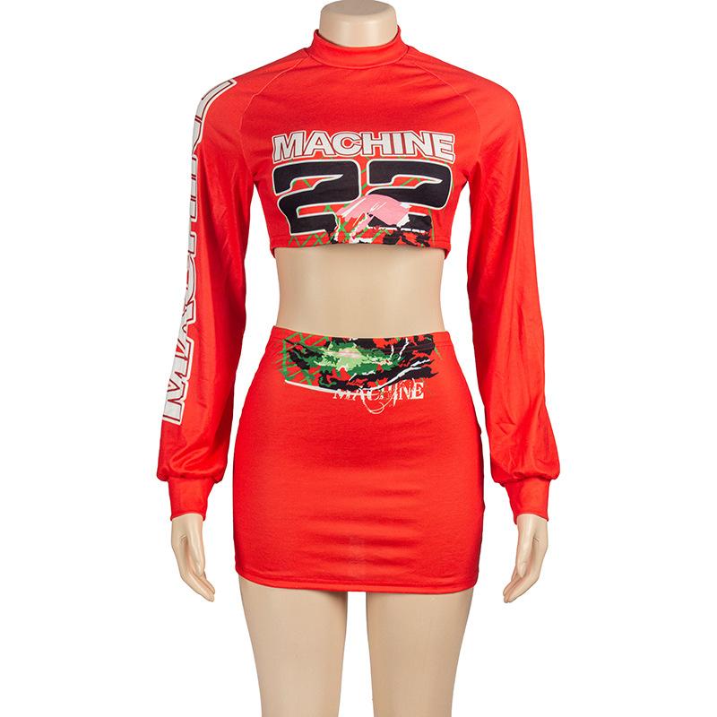 Long sleeve letter print crop mini skirt set
