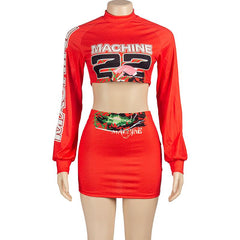 Long sleeve letter print crop mini skirt set