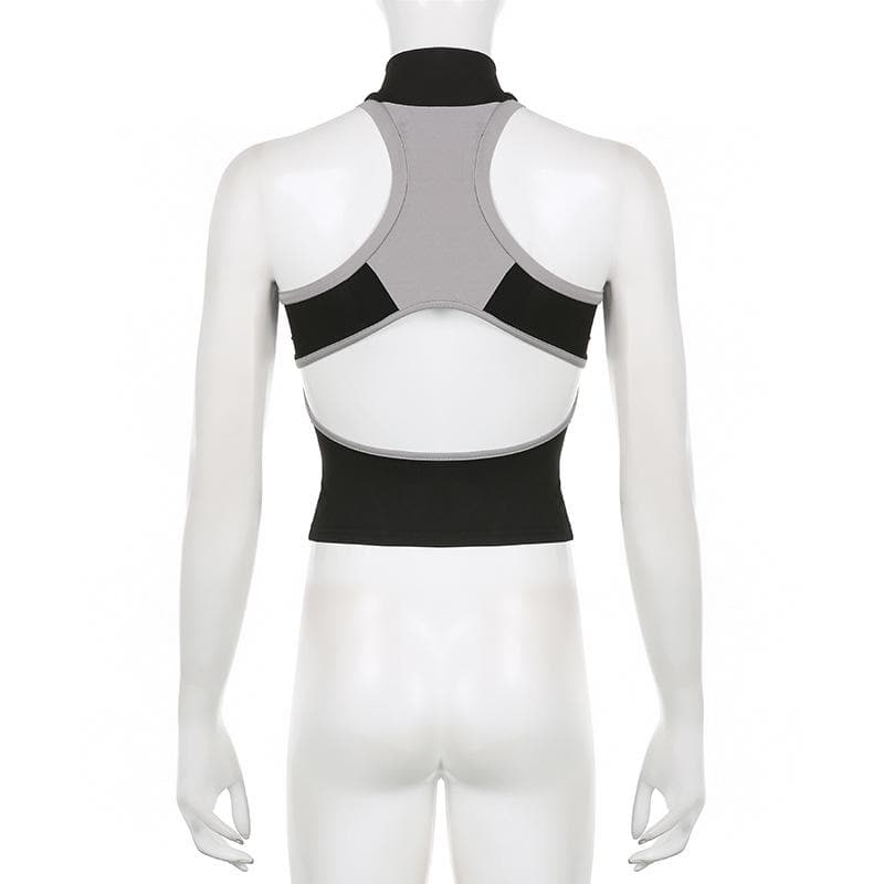 High neck contrast sleeveless zip-up hollow out backless cut out top