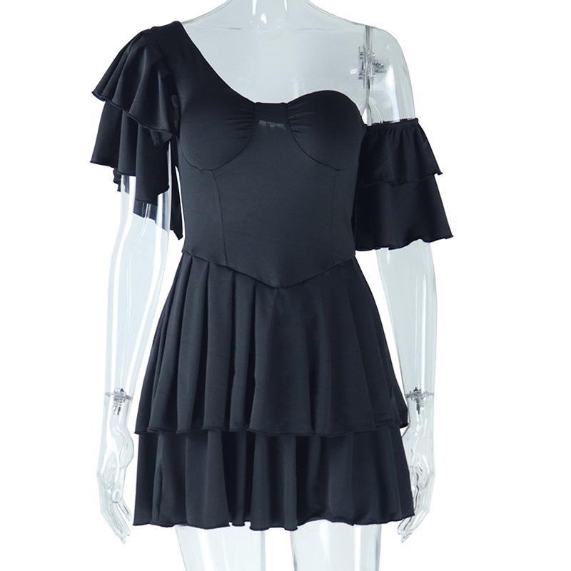 Off shoulder padded solid ruffle mini dress