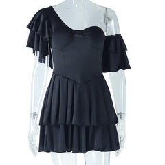 Off shoulder padded solid ruffle mini dress