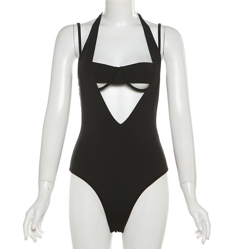 Halter v neck hollow out 2 piece cami bodysuit