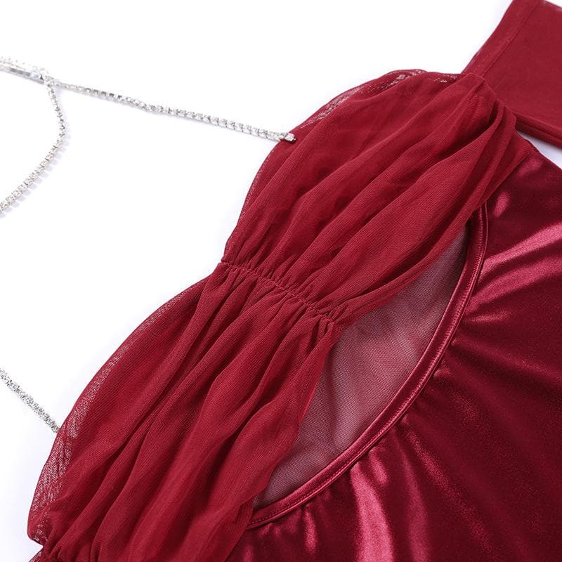 Mesh gloves solid halter ruched hollow out off shoulder mini dress  | red tango dress