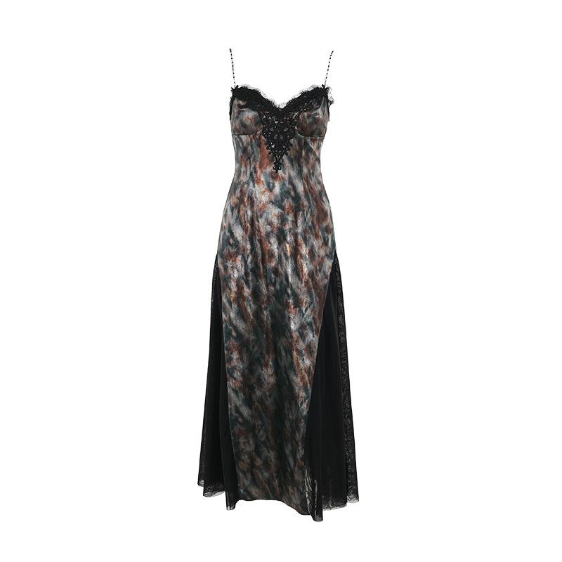 V neck contrast mesh beaded cami maxi dress
