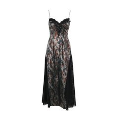 V neck contrast mesh beaded cami maxi dress