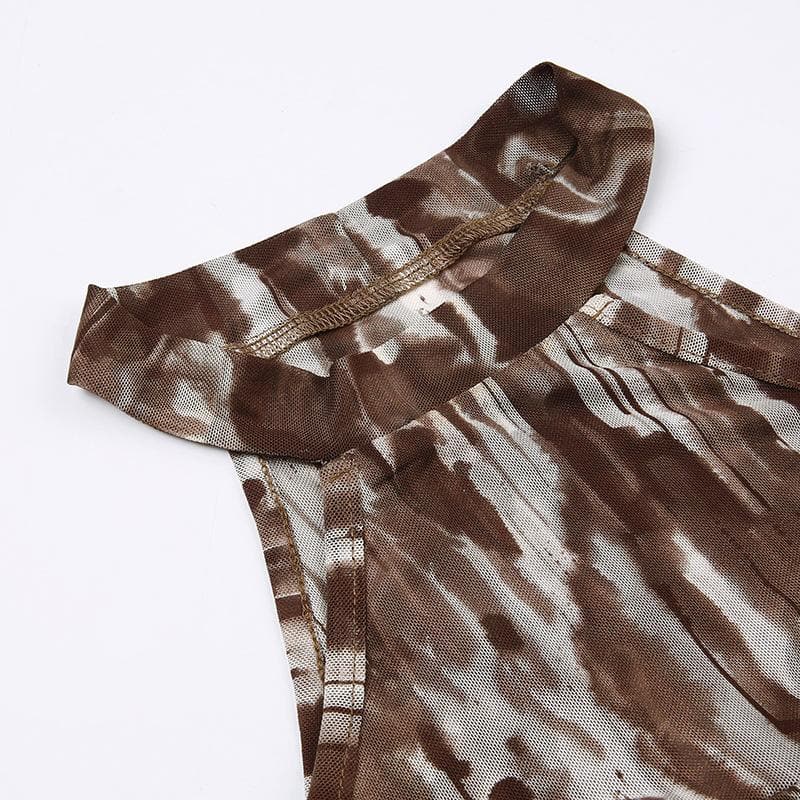 Tie dye halter metal tag contrast mesh sleeveless crop top