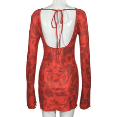 Long sleeve leopard print self tie backless mini dress