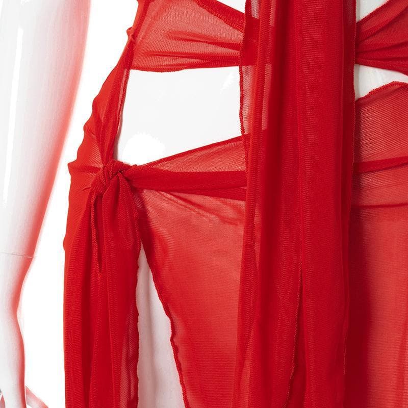 Sheer mesh see through knotted hollow out slit maxi dress  | red tango dress  | samba dress