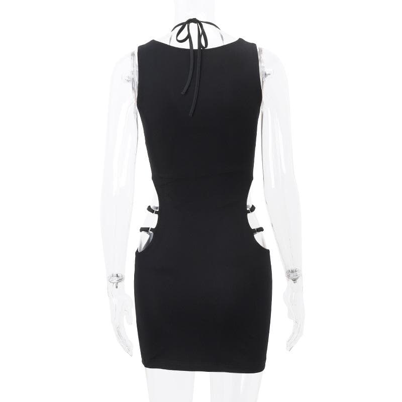 Halter metal letter hollow out cut out mini dress