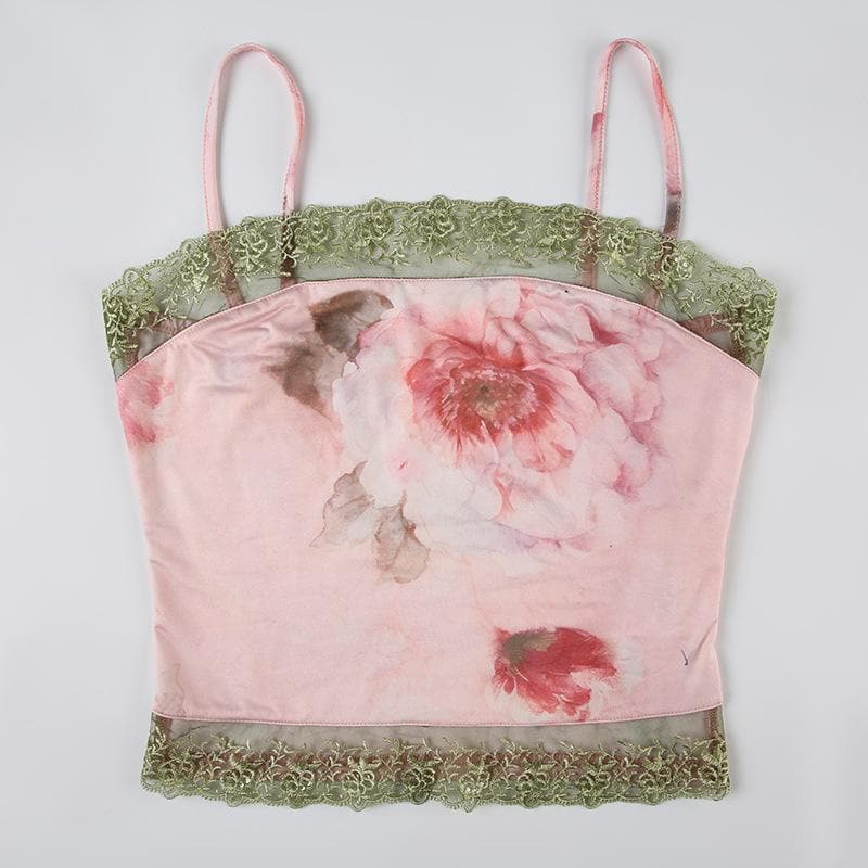 Lace hem flower print backless cami top