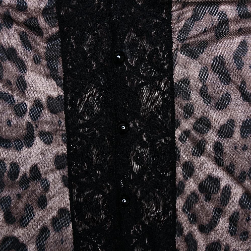 Long sleeve leopard print v neck lace button top