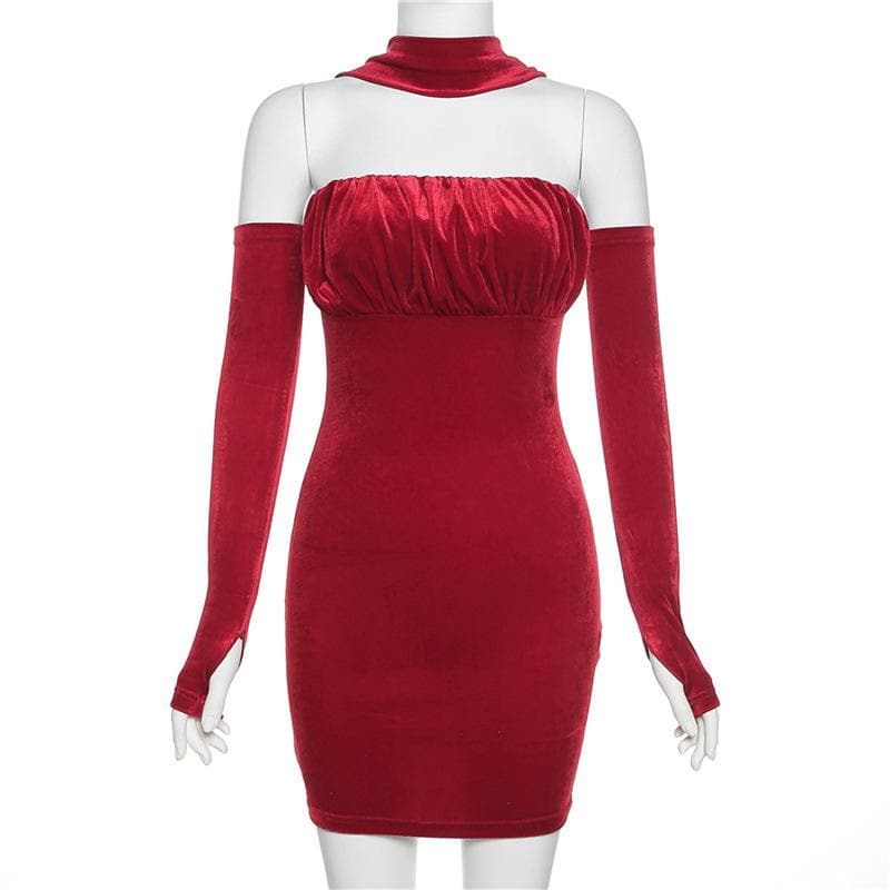 Velvet solid ruched gloves halter mini dress  | red tango dress