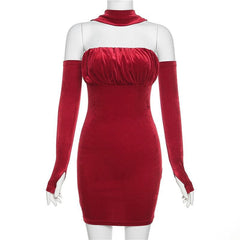 Velvet solid ruched gloves halter mini dress  | red tango dress