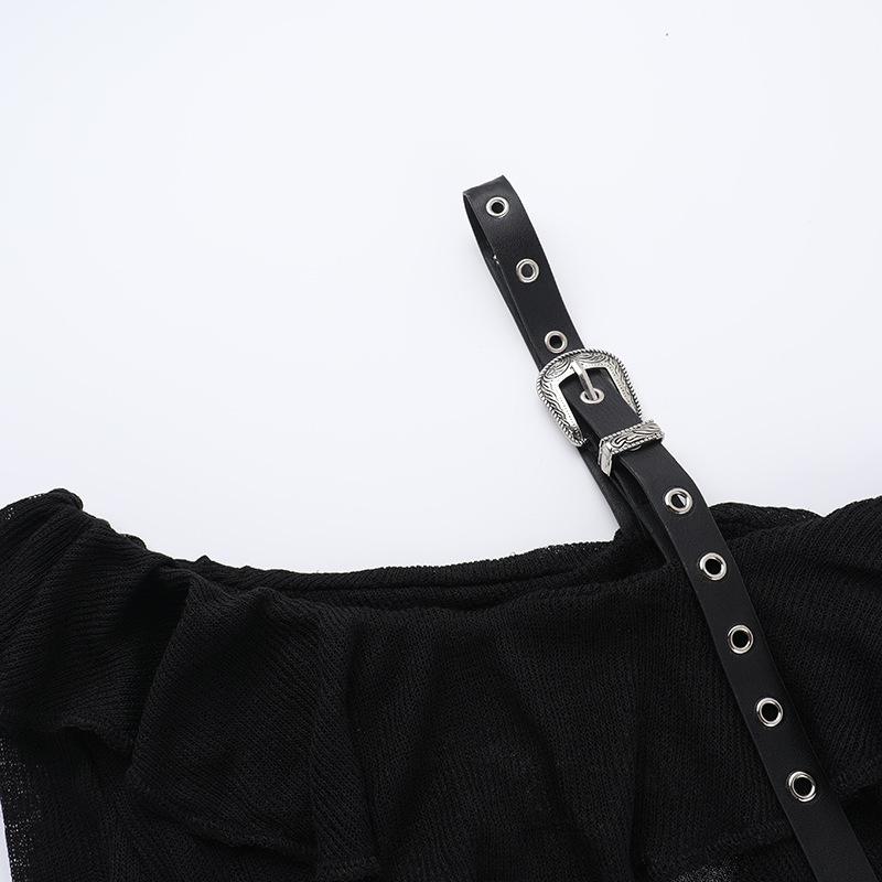 Off shoulder long sleeve ruffle cross pattern buckle top
