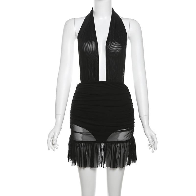 Halter ruched mesh ruffle backless mini dress